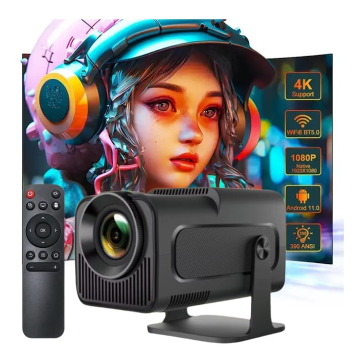 Videoproiector portabil HomeLife® Hy320, Full HD 1080P cu suport 4K, WiFi, cu difuzor incorporat, 390 ANSI, Autofocus, de 10000 lumeni, rotatie 180 de grade, Negru