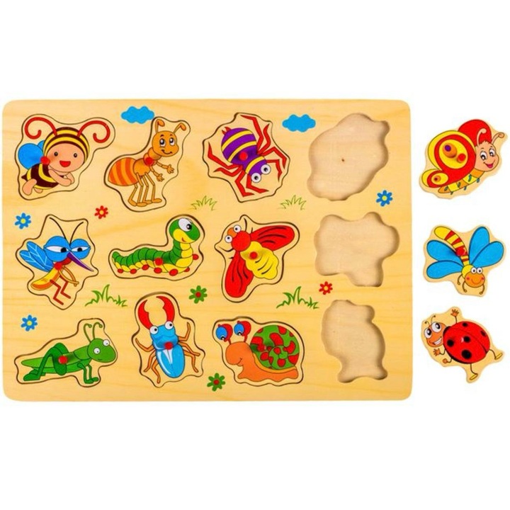 Puzzle din lemn cu insecte, cu maner rosu, 12 piese, 30x22cm