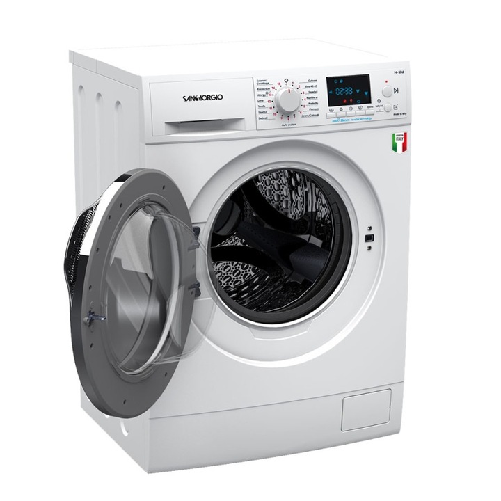 SanGiorgio mosógép, kapacitása 10 kg, 15 program, A energiaosztály, 1400 ford./perc, Inverteres motor, késleltetett indítás akár 24 óráig, 7 hőmérsékleti fokozat, ECO mód, választható szennyeződési szint, túlfolyás és túlmelegedés elleni védelem, fehér