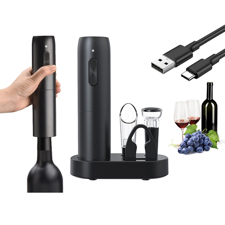 Set Tirbuson Electric, JESWO®, 5-in-1, cu Baza Reincarcabila, Accesoriu Taiat Folie, Turnator de vin, Dop Pompa Vid, ABS, Negru