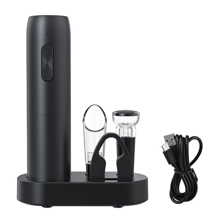 Комплект електрически тирбушон JESWO 5 в 1, с основа за зареждане, черен, 20x4,8 cm