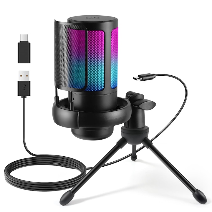 PC микрофон, WALALLA, RGB, контрол на звука, бутон за изключване на звука, статив, черен