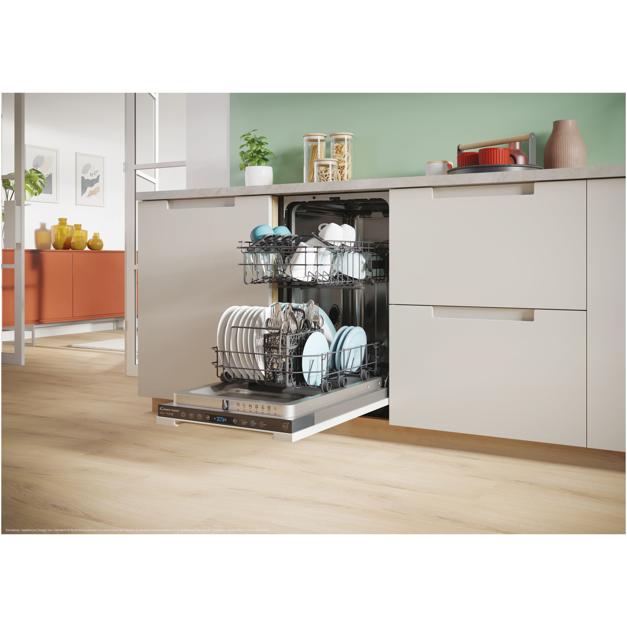 Masina de spalat vase incorporabila Candy Rapido CI0C7SB0FA, 10 seturi, 8 programe, Clasa C, WiFi, Motor inverter, Wash & Dry 35', Automatic Open Door, 45 cm