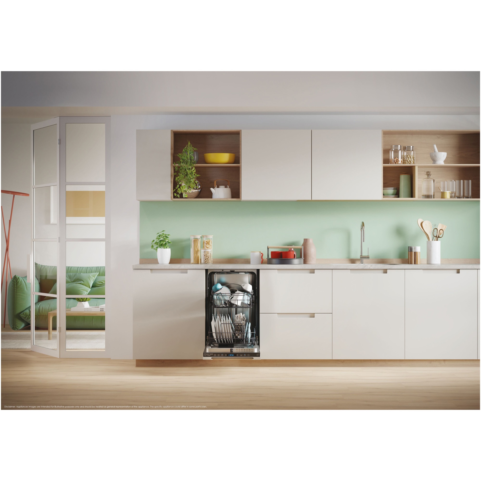 Masina de spalat vase incorporabila Candy Rapido CI0C7SB0FA, 10 seturi, 8 programe, Clasa C, WiFi, Motor inverter, Wash & Dry 35', Automatic Open Door, 45 cm