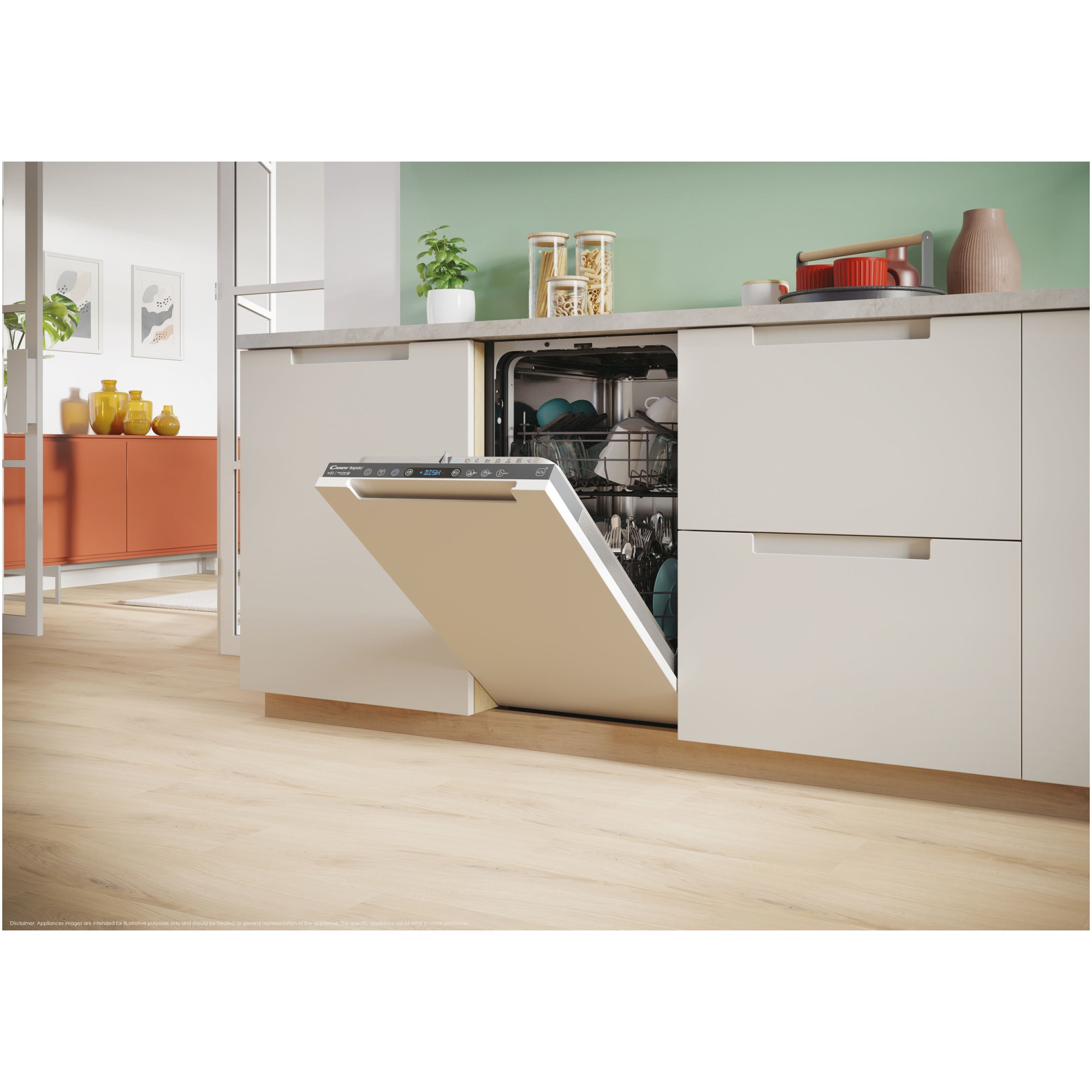 Masina de spalat vase incorporabila Candy Rapido CI0C7SB0FA, 10 seturi, 8 programe, Clasa C, WiFi, Motor inverter, Wash & Dry 35', Automatic Open Door, 45 cm