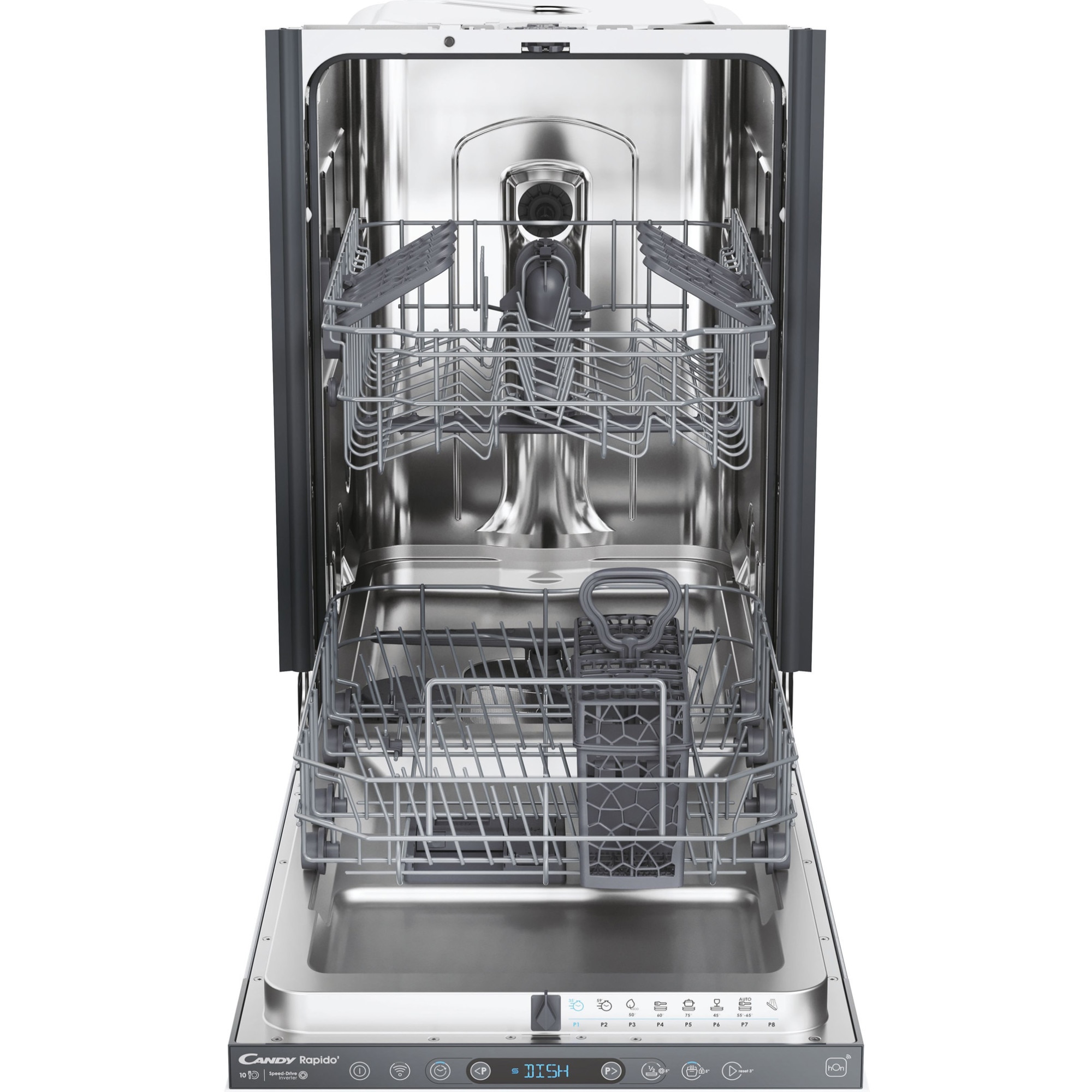 Masina de spalat vase incorporabila Candy Rapido CI0C7SB0FA, 10 seturi, 8 programe, Clasa C, WiFi, Motor inverter, Wash & Dry 35', Automatic Open Door, 45 cm