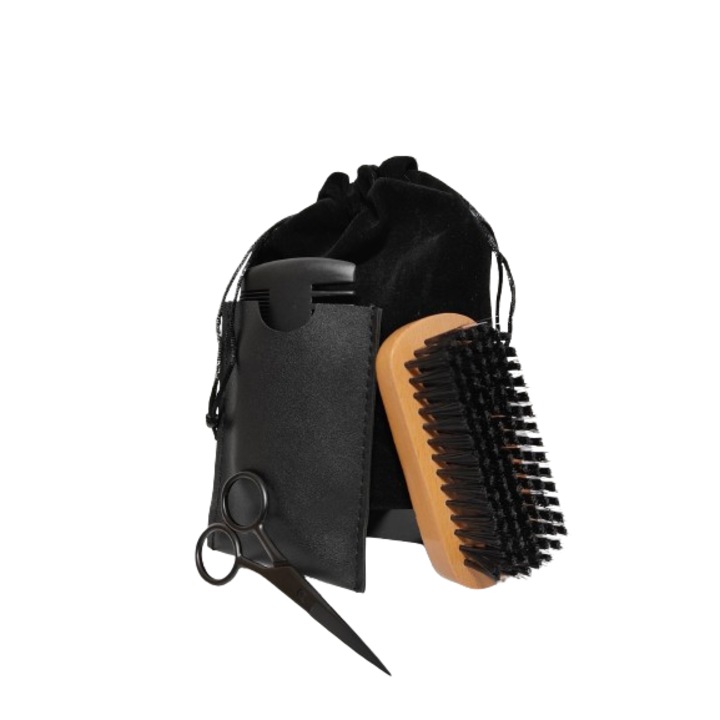 Комплект за подстригване на брада и мустаци, 5 части, дървена четка с косми от глиган, гребен, ножица, плик и чанта за съхранение/транспортиране