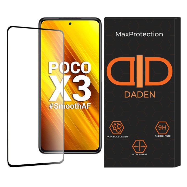 Üvegfólia Xiaomi Poco X3 / Poco X3 NFC / Poco X3 Pro Daden MaxProtection készülékhez, teljes burkolat, professzionális védelem, ultra ellenálló, prémium minőség