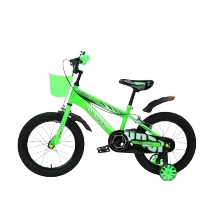 Bicicleta Copii Feichi CARAIMAN, 14″, Verde, cu Roti Ajutatoare si cosulet