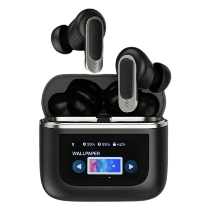 Casti Wireless, Smart Case cu Touch Screen, Noise Cancelling 360°, Microfon HD, Casca Control Tactil, Compatibil cu orice aparat Bluetooth 5.3, Negru, FilSAB