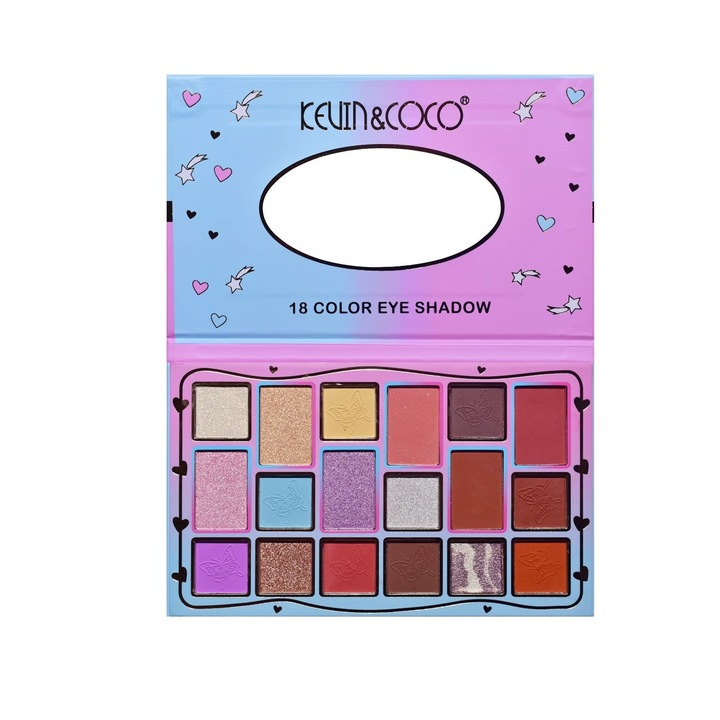 Paleta fard de pleoape, Kevin&Coco, Pink & Blue, 18 culori, 19.3x12x1.4cm, multicolor