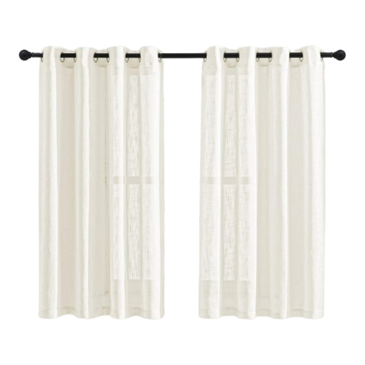 Set de 2 perdele Pony Dance, 137 x 132 cm, crem, cu textura de in, moderna, semi-transparenta, cu inele