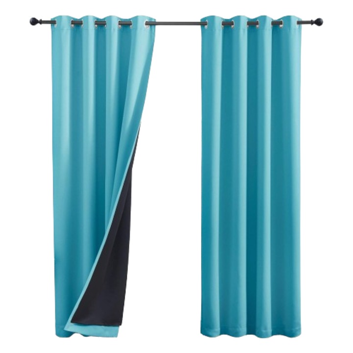 Set de 2 perdele complet opace, Pony Dance, 245 x 140 cm, cu inele, termica, albastru deschis