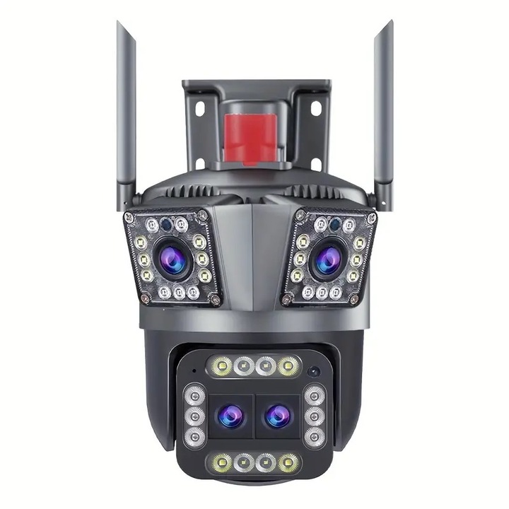 Тройна WIFI камера за наблюдение, 12MP, на открито/вътре, Ultra HD, 5X увеличение, ротация, светодиоди, светлина, двупосочна комуникация, аларма, сензор за движение, черен - CRIDARO