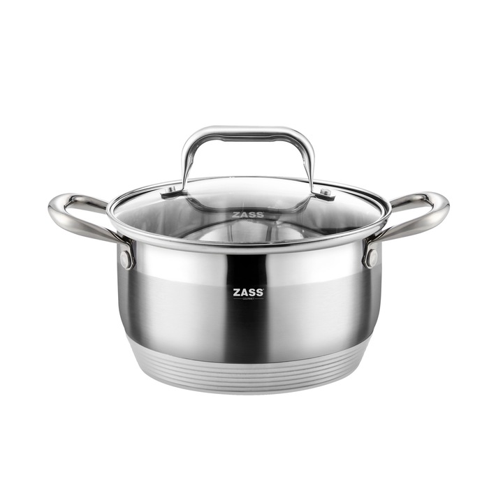 Oala din inox Zass Gourmet ZG-SC01-20 cu capac, Capacitate 3.6 L, Otel inoxidabil 304, Capac transparent din sticla, Baza multistrat, Argintiu