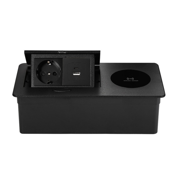 Priza Incorporabila in mobilier, ATOMKIT, 1 Prize Schuko, USB-A+C, Incarcare WIRELESS, Conductori cupru, Material de Aluminiu, Calitate Superioara, Cablu Alimentare 1.8 m, 26.6 cm, 11.8 cm, Negru