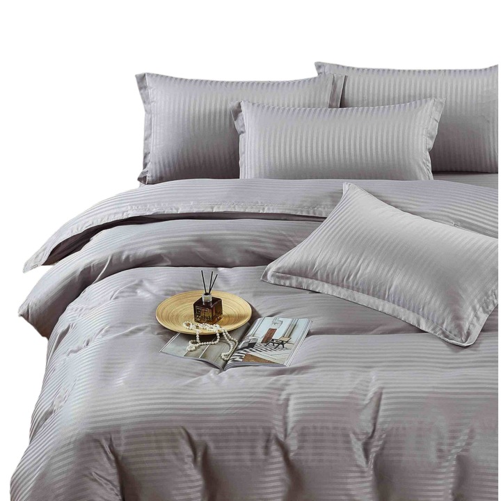 Двоен комплект спално бельо, Premium Damask Finet, Памук с 1 см райе, Обикновен сив, 6 части