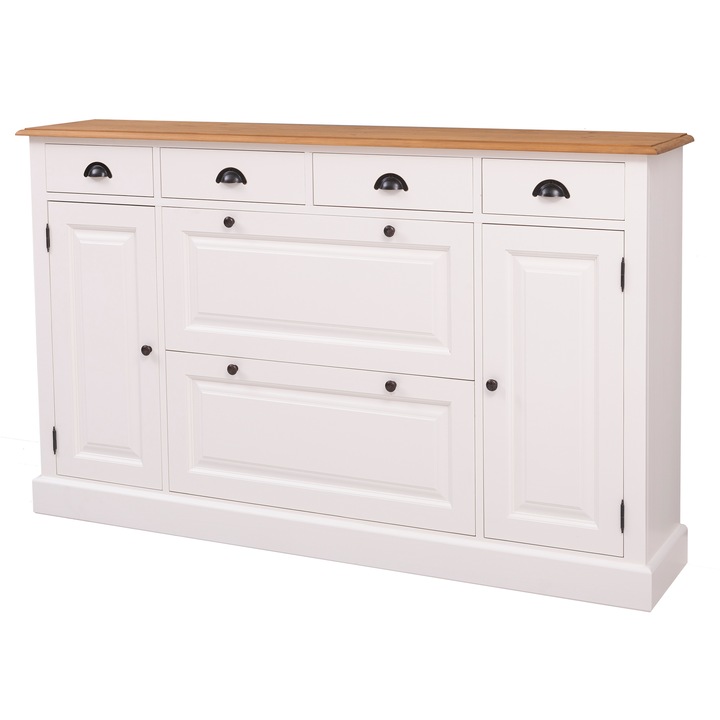 Comoda hol cu 2+2 usi si 4 sertare, culoare top natural P002, culoare corp alb murdar antichizat, dublu color, 100% lemn masiv