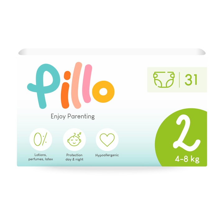 Pillo pelenkák, szuper nedvszívó, hipoallergén, fenntartható, 2-es méret, 4-8 kg, 31 db