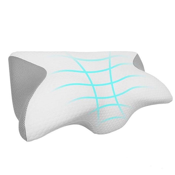 Цервикална ортопедична възглавница Premium EDAR, за сън, васкоеластична, с ергономичен контур, мемори пяна и цервикална опора, за ръце, глава и врат, средна твърдост, размери 60 x 38 см, бяло сиво