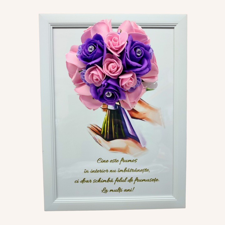 Tablou in rama A4 (30x21 cm) - Cine este frumos in interior nu imbatraneste, ci doar schimba felul de frumusete - v19 decorat cu flori de sapun mov - roz