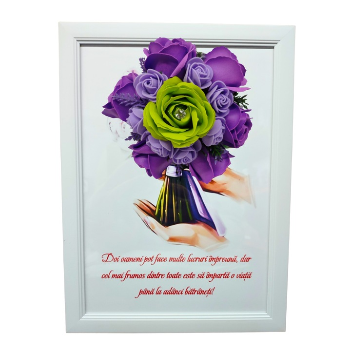 Tablou in rama A4 (30x21 cm) - Doi oameni pot face multe lucruri impreuna - v19 decorat cu flori de sapun mov-verde