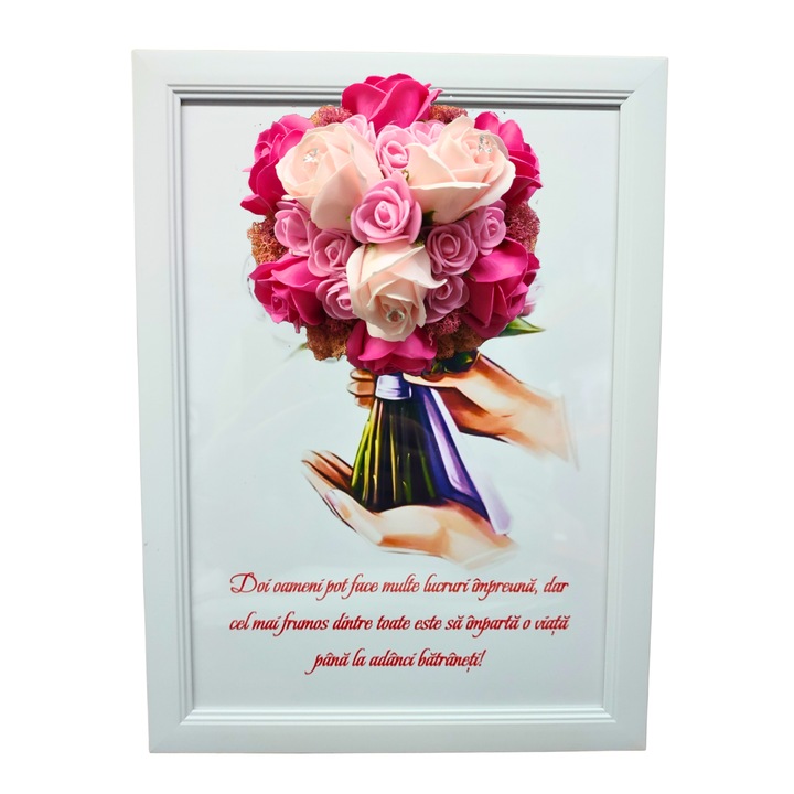 Tablou in rama A4 (30x21 cm) - Doi oameni pot face multe lucruri impreuna - v19 decorat cu flori de sapun roz-roz pal