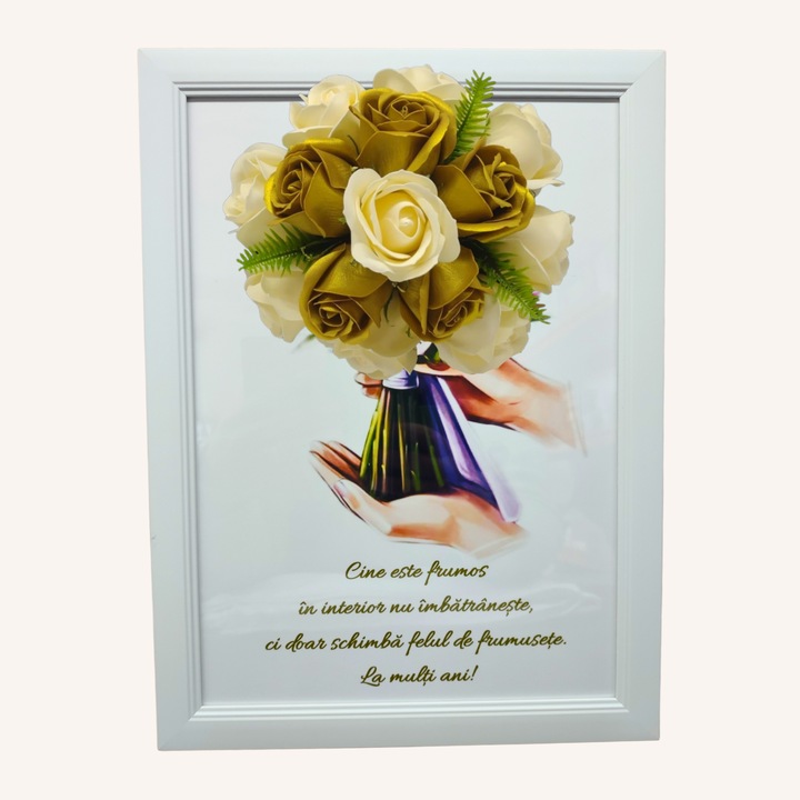 Tablou in rama A4 (30x21 cm) - Cine este frumos in interior nu imbatraneste, ci doar schimba felul de frumusete - v19 decorat cu flori de sapun auriu - galben