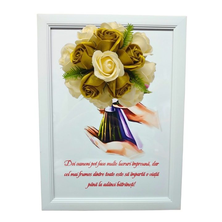 Tablou in rama A4 (30x21 cm) - Doi oameni pot face multe lucruri impreuna - v19 decorat cu flori de sapun auriu - galben