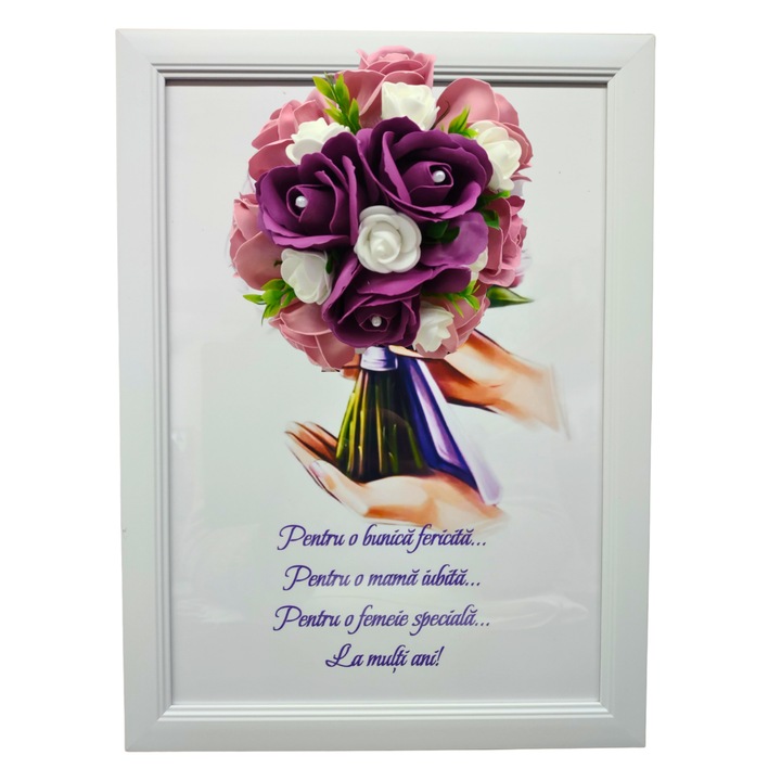 Tablou in rama A4 (30x21 cm) - Pentru o bunica fericita, pentru o mama iubita, pentru o femeie speciala, la multi ani! - v19 decorat cu flori de sapun roz - visiniu