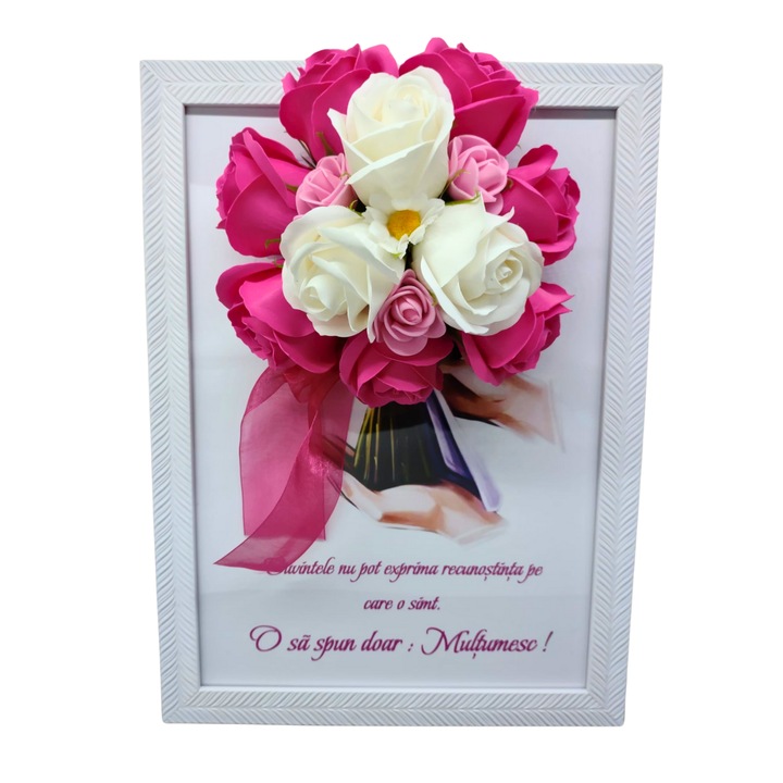 Tablou in rama A4 (30x21 cm) - Cuvintele nu pot exprima recunostinta pe care o simt-decorat cu flori de sapun fuchsia, alb