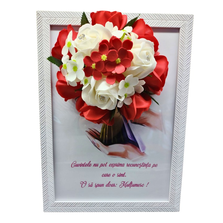 Tablou in rama A4 (30x21 cm) - Cuvintele nu pot exprima recunostinta pe care o simt-decorat cu flori de sapun rosu, alb