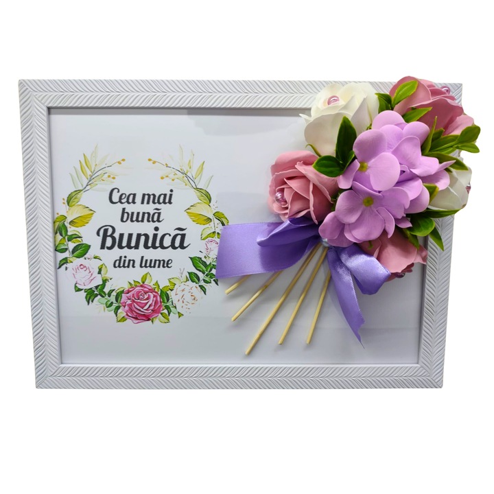 Tablou in rama A4 (30x21 cm - Cea mai buna Bunica din lume-decorat cu flori de sapun roz, alb
