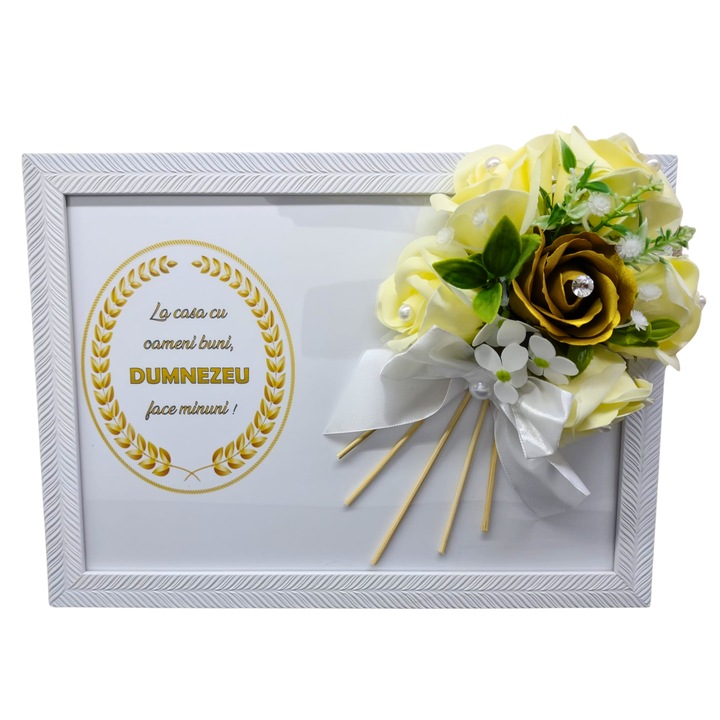 Tablou in rama A4 (30x21 cm) - La casa cu oameni buni-decorat cu flori de sapun crem, auriu