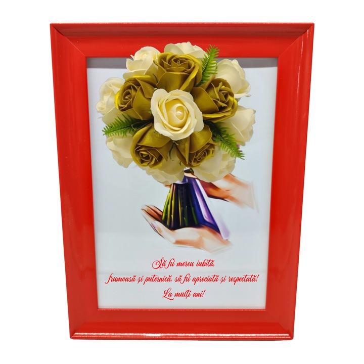 Tablou in rama A4 (30x21 cm) - Sa fii mereu iubita, frumoasa si puternica - v17 decorat cu flori de sapun auriu - galben