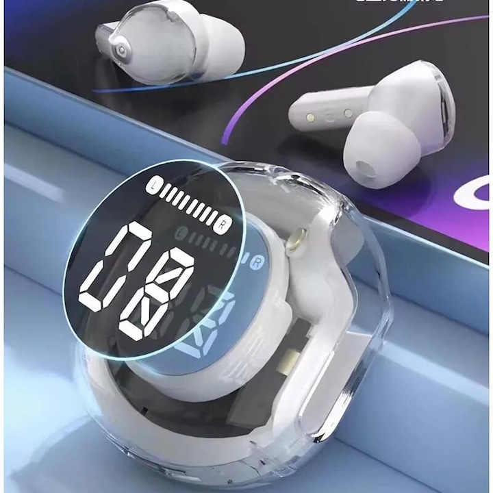 Vezeték nélküli In-Ear TWS fülhallgató Bluetooth V5.3-mal, HD mikrofonnal, érintésvezérléssel, digitális kijelzővel, zajszűrő ANC-ENC technológiával, gyors töltés funkcióval, vízálló kivitel, mágneses tok - Szín: Fehér