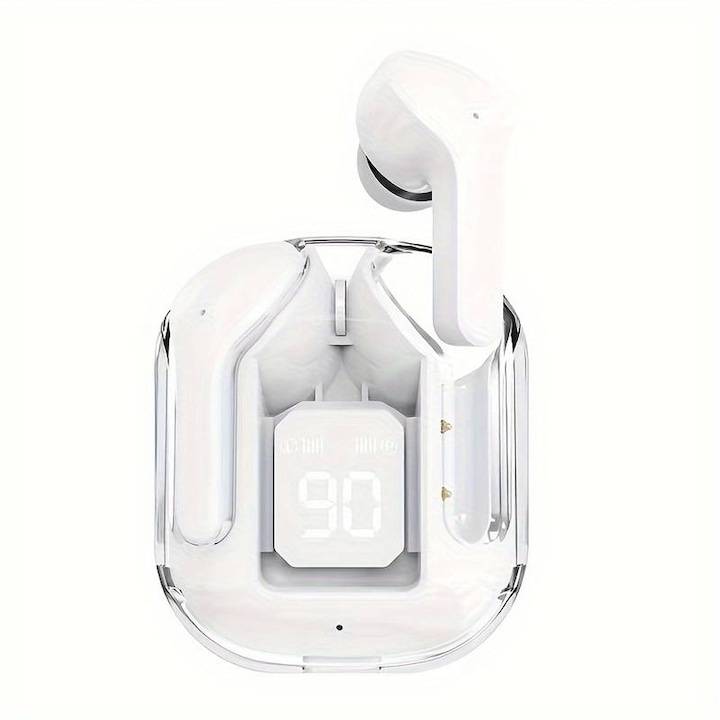 Vezeték nélküli, In-Ear fülhallgató, TWS, Bluetooth 5.3-mal, HD mikrofonnal, érintésvezérléssel, digitális kijelzővel, zajszűrővel (ANC-ENC), gyors töltéssel, vízálló, mágneses tokkal - Átlátszó fehér
