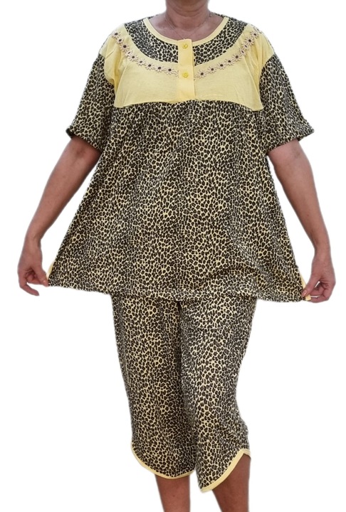 Pijama dama, trei sferturi, animal print, bumbac 100%, maro/galben, marime universala