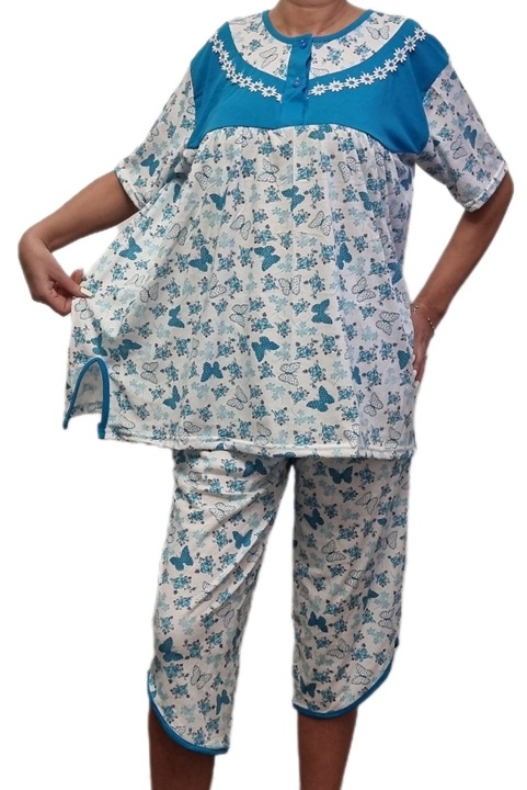Pijama dama, trei sferturi, bumbac 100%, alb-albastru azur, marime universala