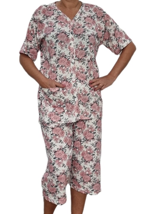 Pijama dama, cu nasturi, trei sferturi, bumbac/lycra, alb/gri/roz, XL INTL