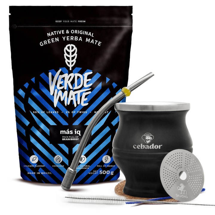 Ceai Yerba Mate Set Verde Mate Mas IQ 500g TermoColador Negru 190ml