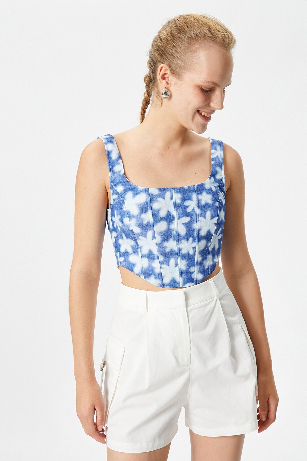 トップス ton KOTON, Top crop cu model floral, Alb, Albastru inchis, 36