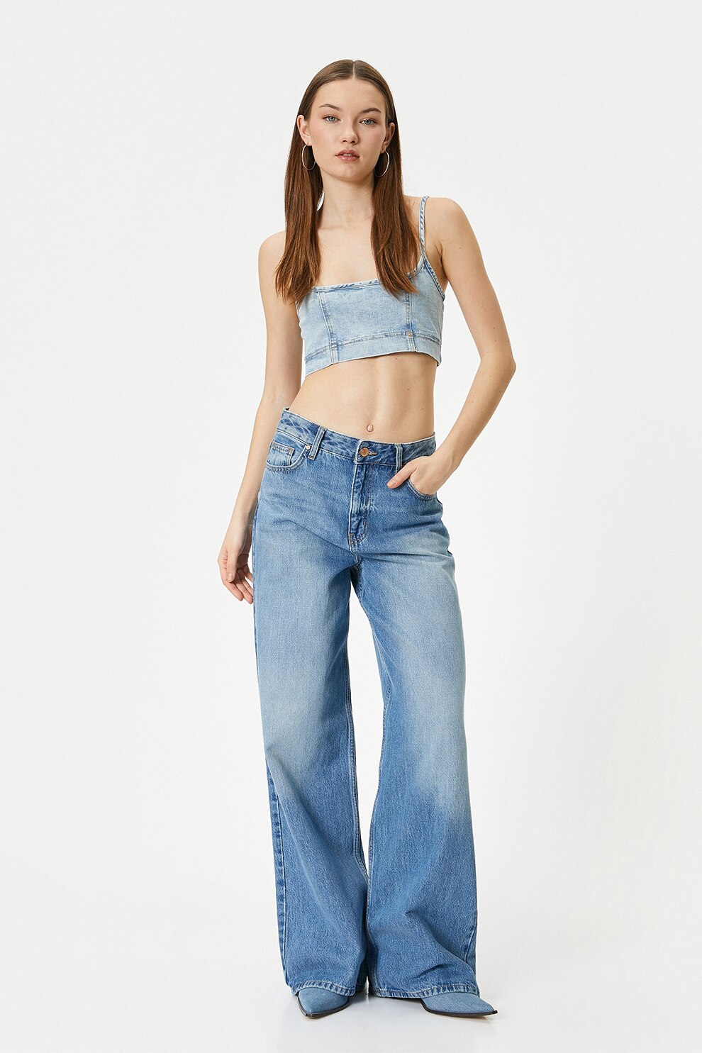 KOTON, Top slim fit crop de denim, Albastru deschis, 40 - eMAG.ro