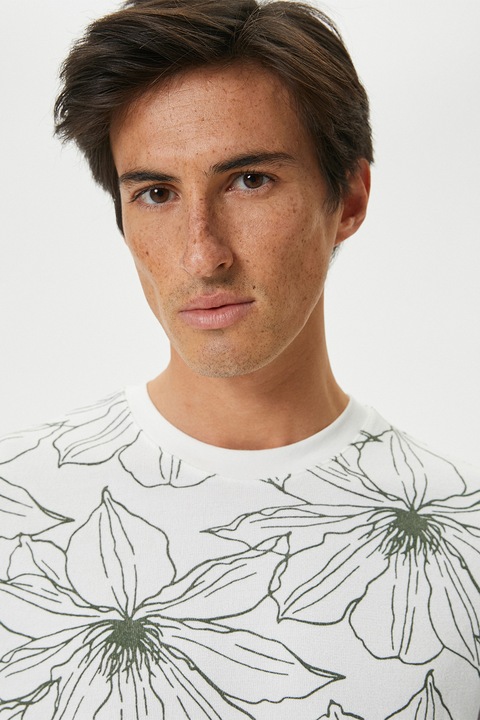 KOTON, Tricou de bumbac cu decolteu la baza gatului si imprimeu, Alb/Kaki