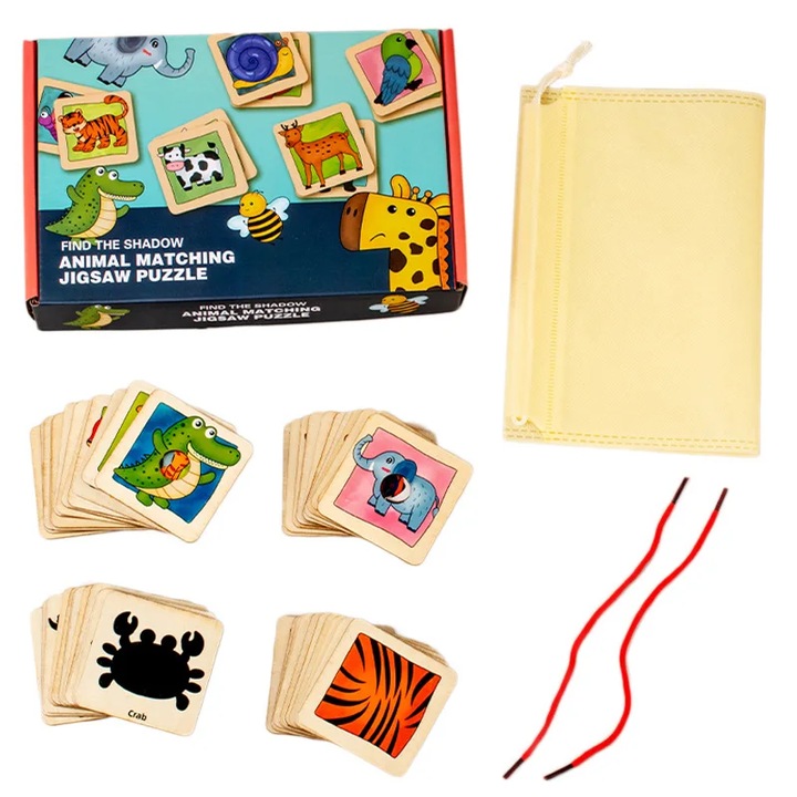 Joc de asociere cu umbre, 4 in 1, snuruit cu animale din lemn, Montessori, SALLMA®