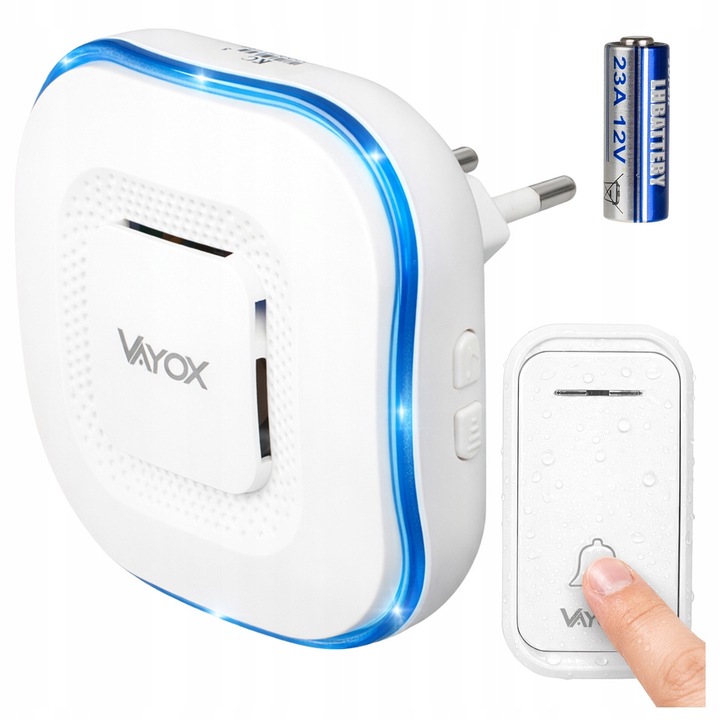 Sonerie fara fir / Wireless Vayox VA0266, 38 Melodii, Distanta 130m, buton alimentat cu baterii, Alimentare Priza Home, Alb/Albastru