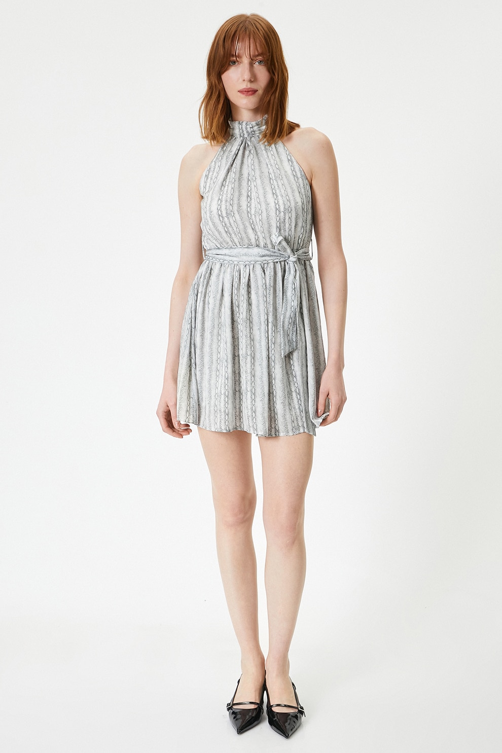 KOTON, Rochie mini cu model si decolteu american, Gri deschis, Alb murdar, 40