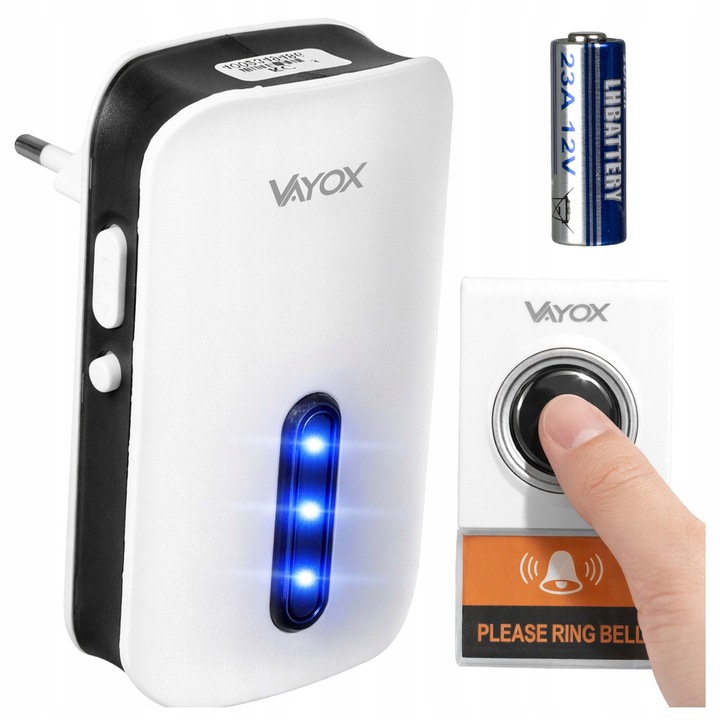 Sonerie fara fir / Wireless Vayox VA0268, 38 Melodii, Distanta 130m, buton alimentat cu baterii, Alimentare Priza Home, Alb/Negru