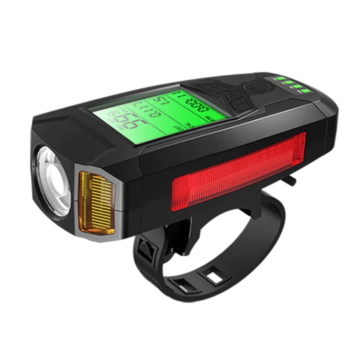 Far bicicleta cu ciclocomputer idepet®, lampa XPG+COB+2835, claxon incorporat, afisare viteza, distanta, acumulator 1200mAh, incarcare USB, IPX4 rezistent la apa, 5 moduri luminare