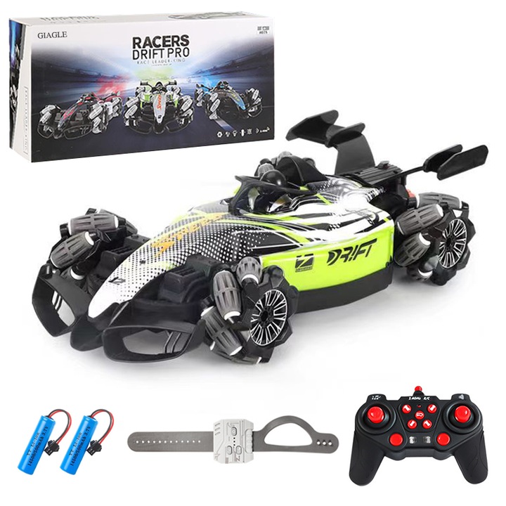 Masina de jucarie telecomandata, reincarcabila, cu miscare laterala, rotatie 360°, drift, control prin maneta si gesturi, cu muzica si lumini, vaporizare la spate, Verde